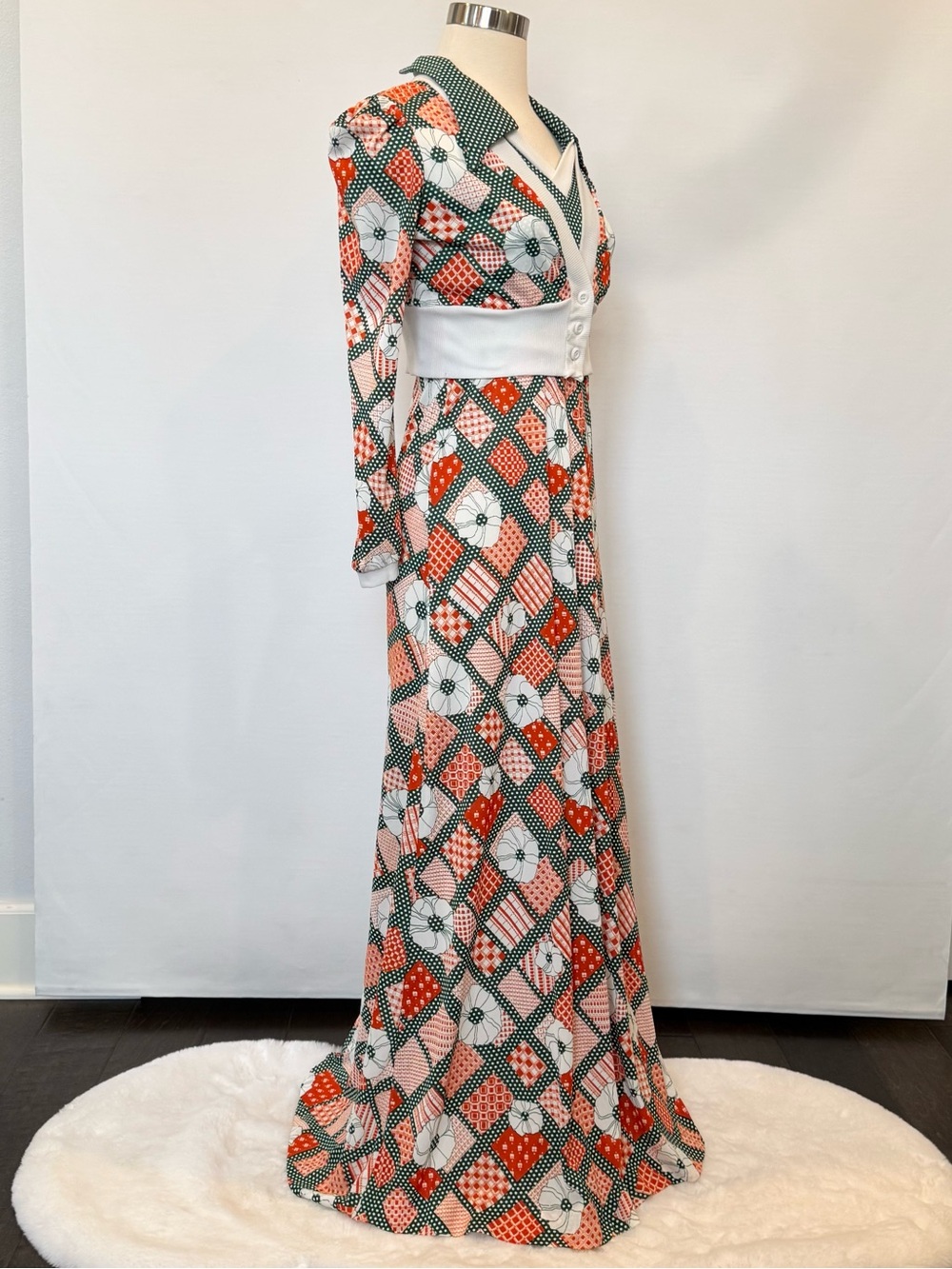 70s Vintage Groovy Plaid Polka Dot Green Halter Dress Maxi Gown & Jacket Set - Picture 10 of 12